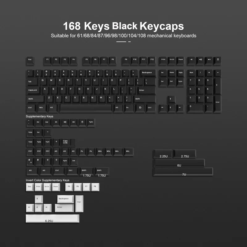 A layout of 168 black keycaps for mechanical keyboards, showing various standard and supplementary keys.