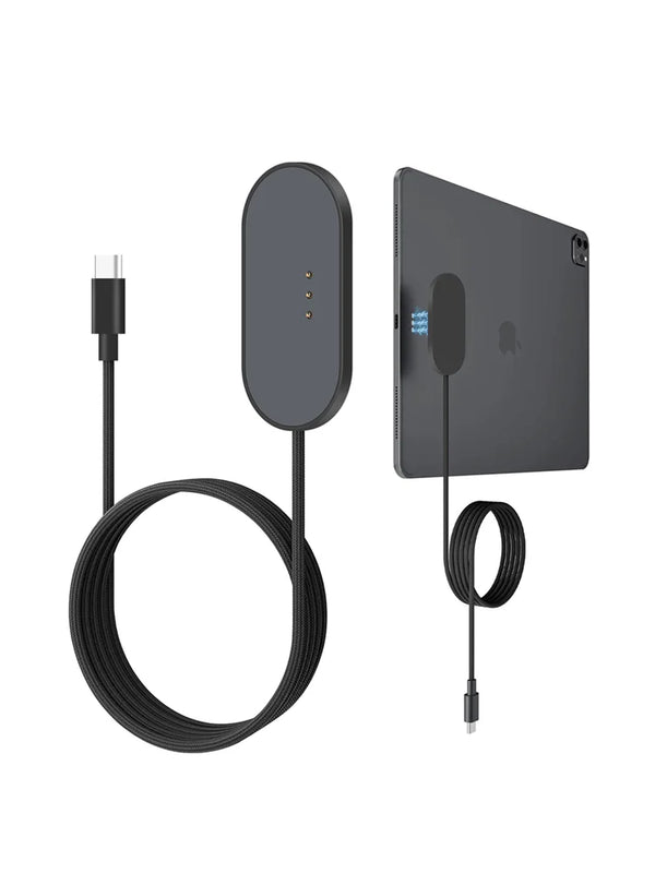 Schwarzer magnetischer kabelloser Ladegerät mit Kabel und Lade-Pad für ein iPad.