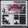 A set of black mechanical keycaps featuring a raven and sakura theme, made from PBT material.