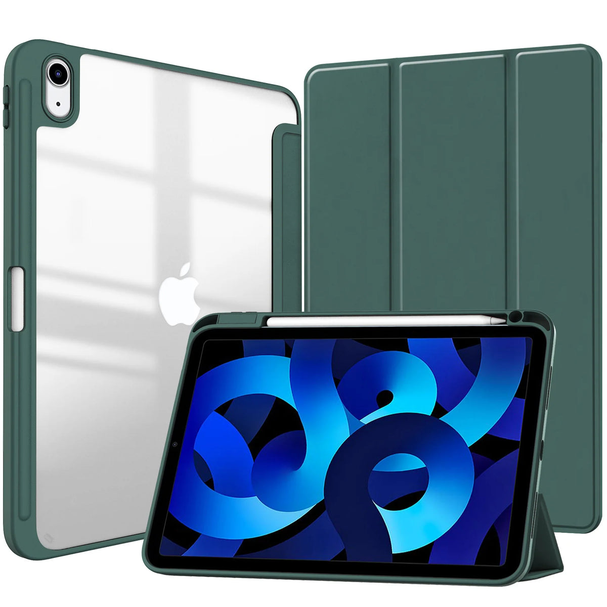 A green protective case is shown alongside an iPad, displaying a blue abstract design on the screen.