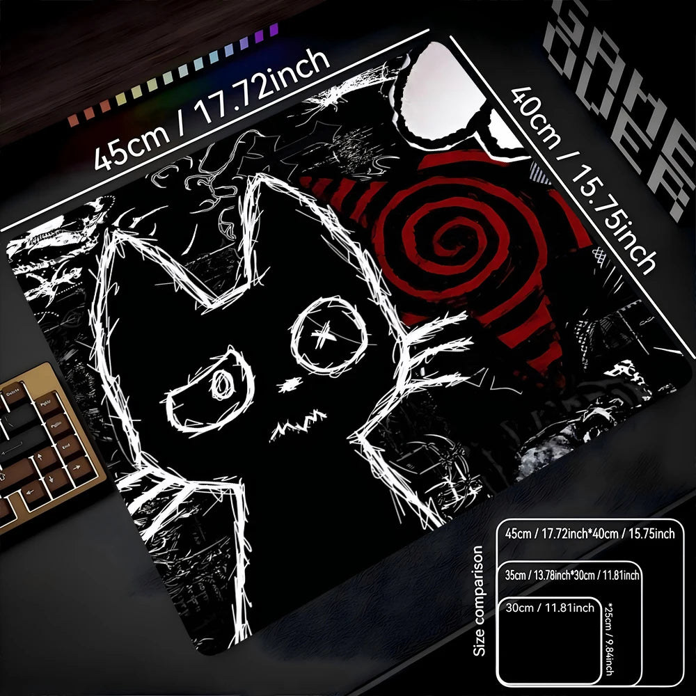 A black cat silhouette design on a mouse pad with a non-slip rubber base.
