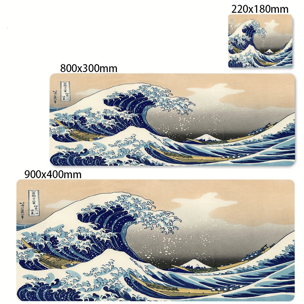 Extra-large mouse pad featuring a detailed illustration of The Great Wave of Kanagawa