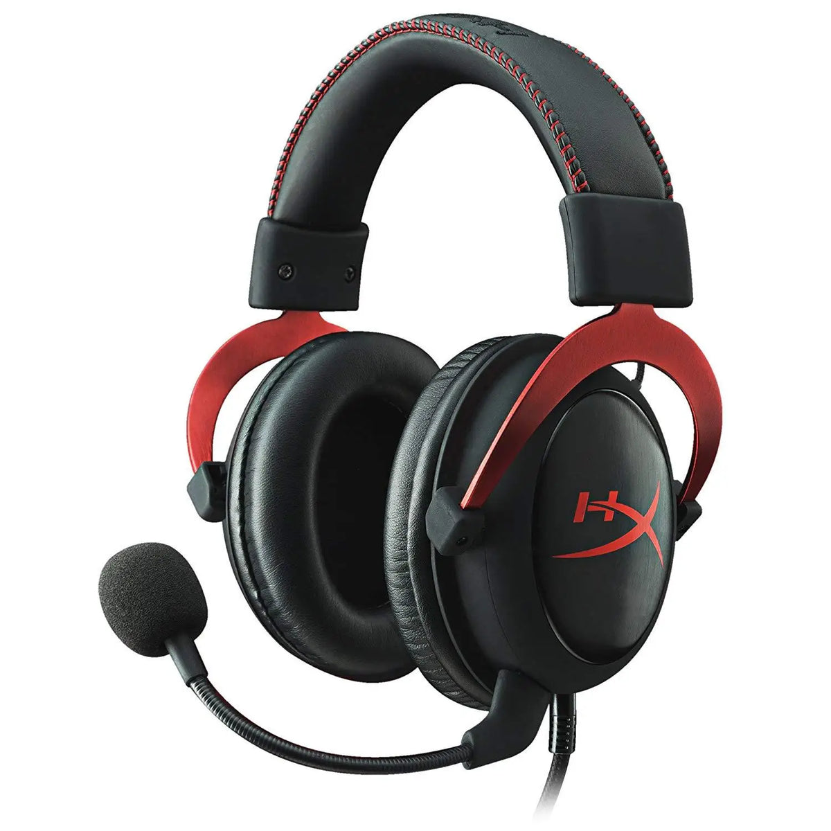 A black and red HyperX Cloud II wired gaming headset with over-ear headphones and a microphone.