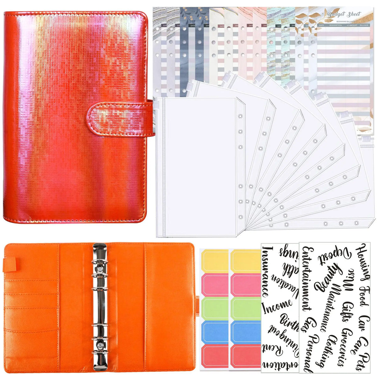 Un ensemble de feuilles de planificateur budgétaire et d'organisateur de liquide aux différentes couleurs et un portefeuille 