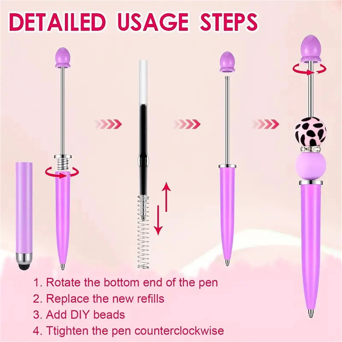 Detailed usage steps showing how to rotate, replace refills, add beads, and tighten a rubber touch ballpoint pen.