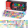 A box of 120 acrylic brush markers with a full spectrum of vibrant colors and a color palette strip.