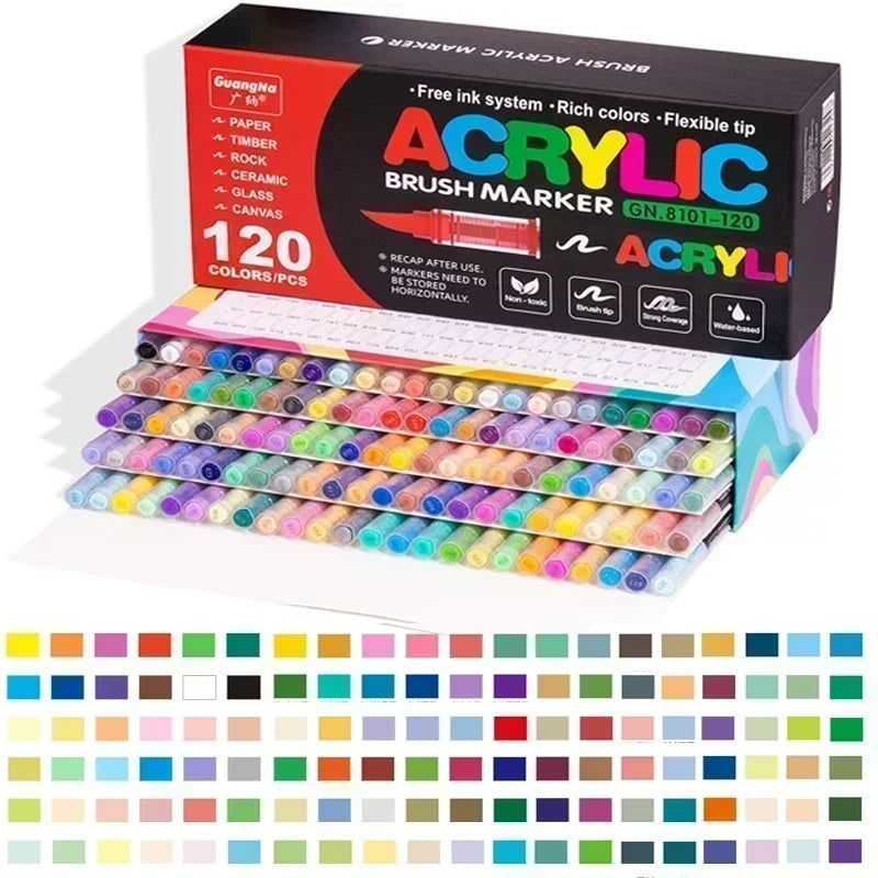 A box of 120 acrylic brush markers with a full spectrum of vibrant colors and a color palette strip.