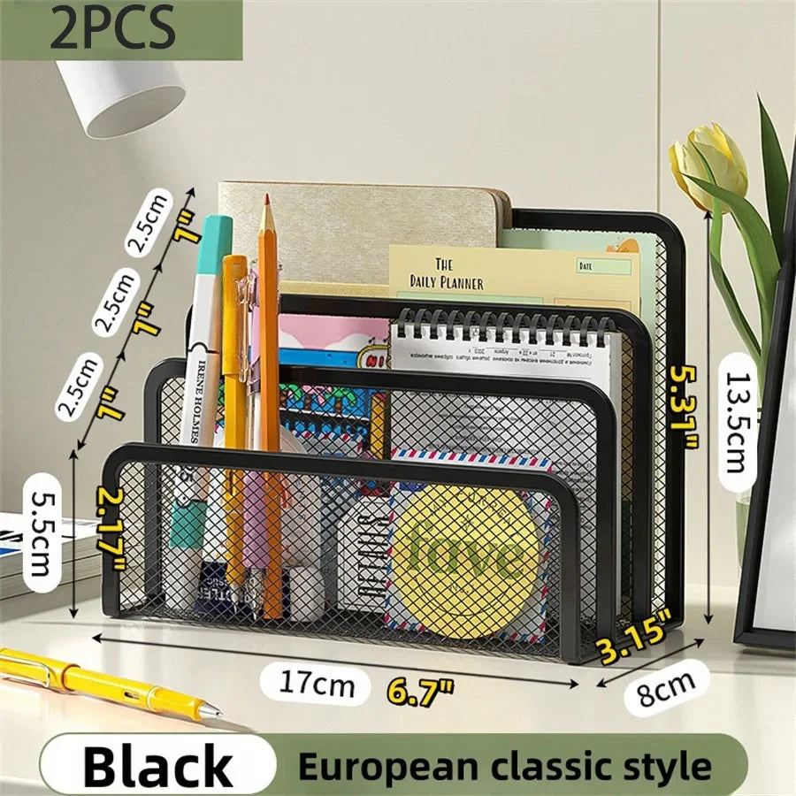 Black metal mesh desk file organizer holding pens and paper in an European classic style.