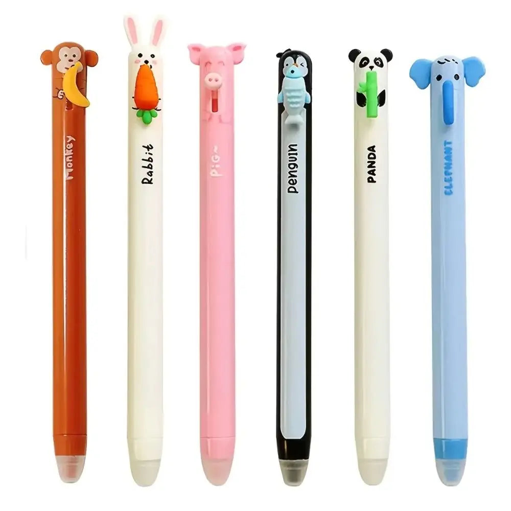 A set of six cute animal-themed erasable gel pens featuring monkeys, rabbits, pigs, penguins, and pandas.