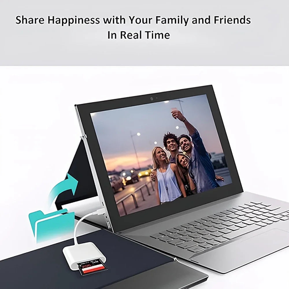 A laptop displaying a video call of family and friends, with a card adapter nearby.