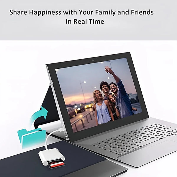 A laptop displaying a video call of family and friends, with a card adapter nearby.