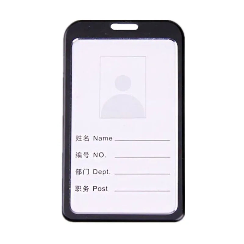 Porta de credenciales de plástico negro con ventana transparente que muestra una silueta de una persona.
