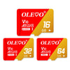 Red and yellow memory cards labeled OLEO with various capacities like 16GB and 64GB