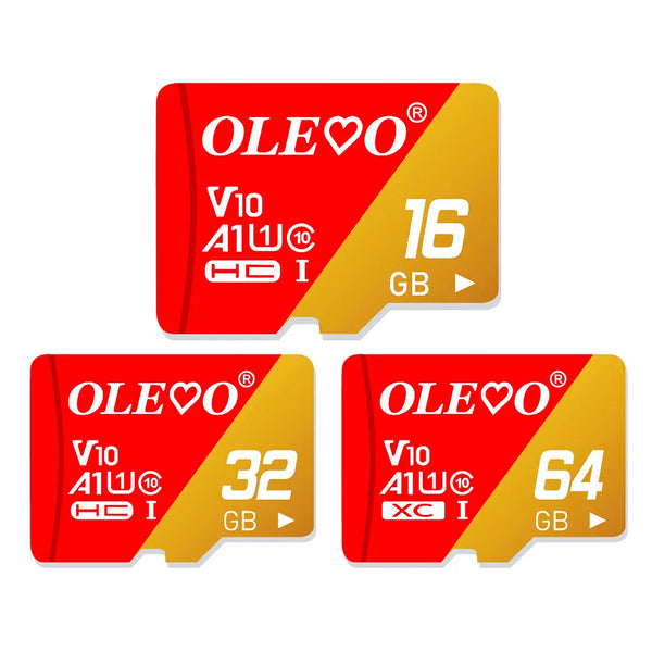 Cartes mémoire rouges et jaunes OLEO avec diverses capacités comme 16 Go et 64 Go