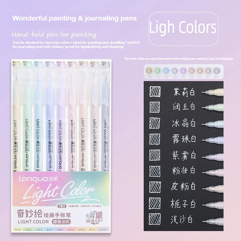 A set of Light Colors hand-held pens for painting and journaling, featuring various shades of light colors.
