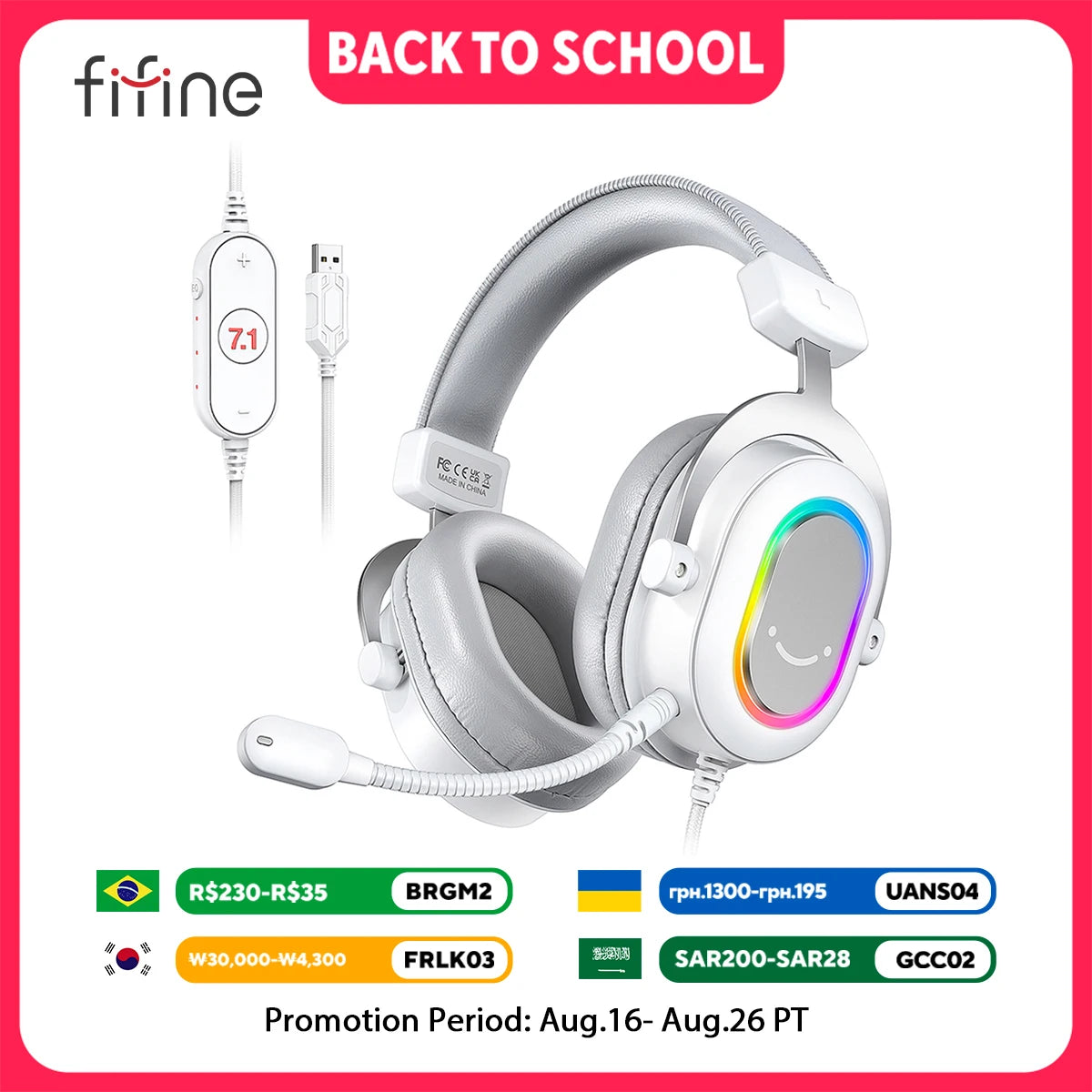 FIFINE RGB Gaming Headset with 7.1 Surround Sound headphones and accessories for back to school promotion