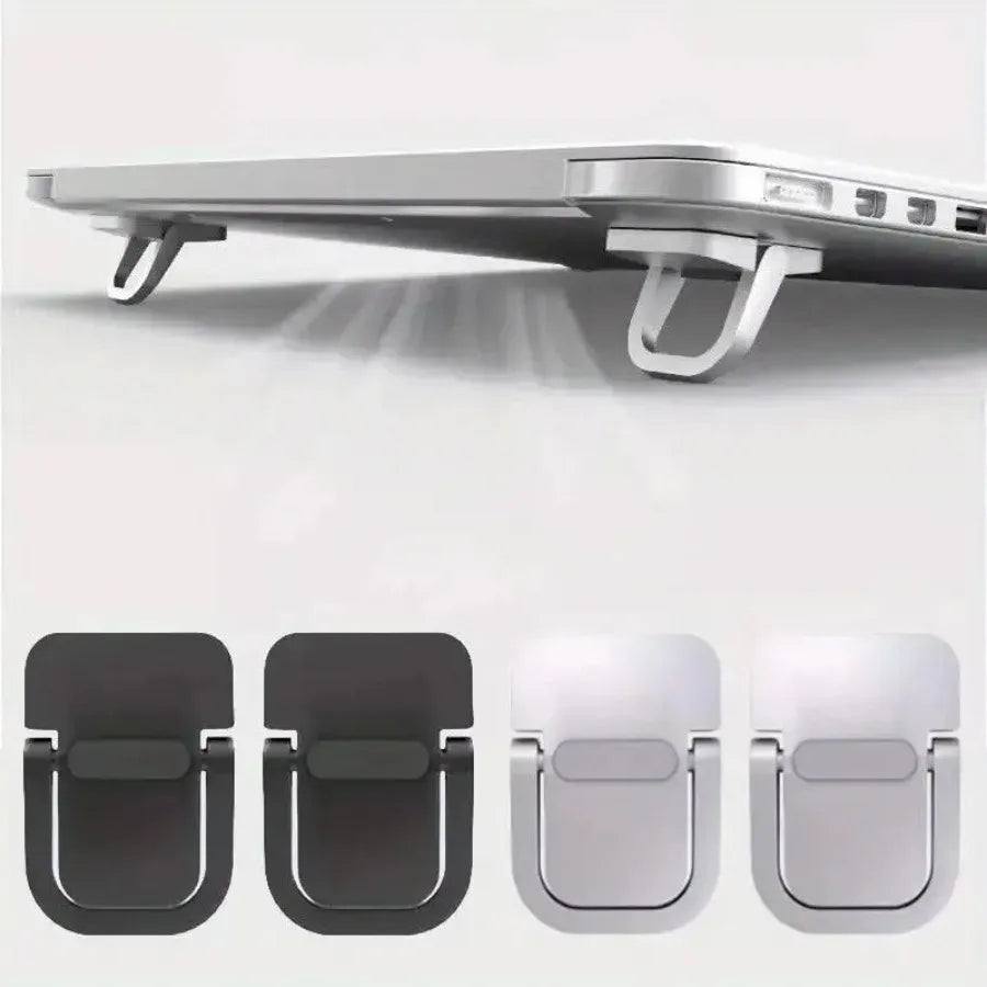 A silver portable laptop keyboard riser stand shown from the side and close-up views of its mounting mechanism.