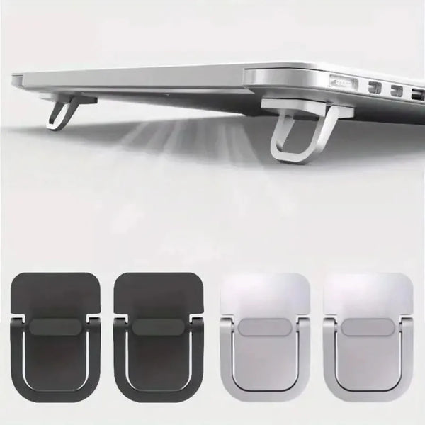 Support portable clavier d'ordinateur portable argenté, vue de profil et gros plan du mécanisme de montage.