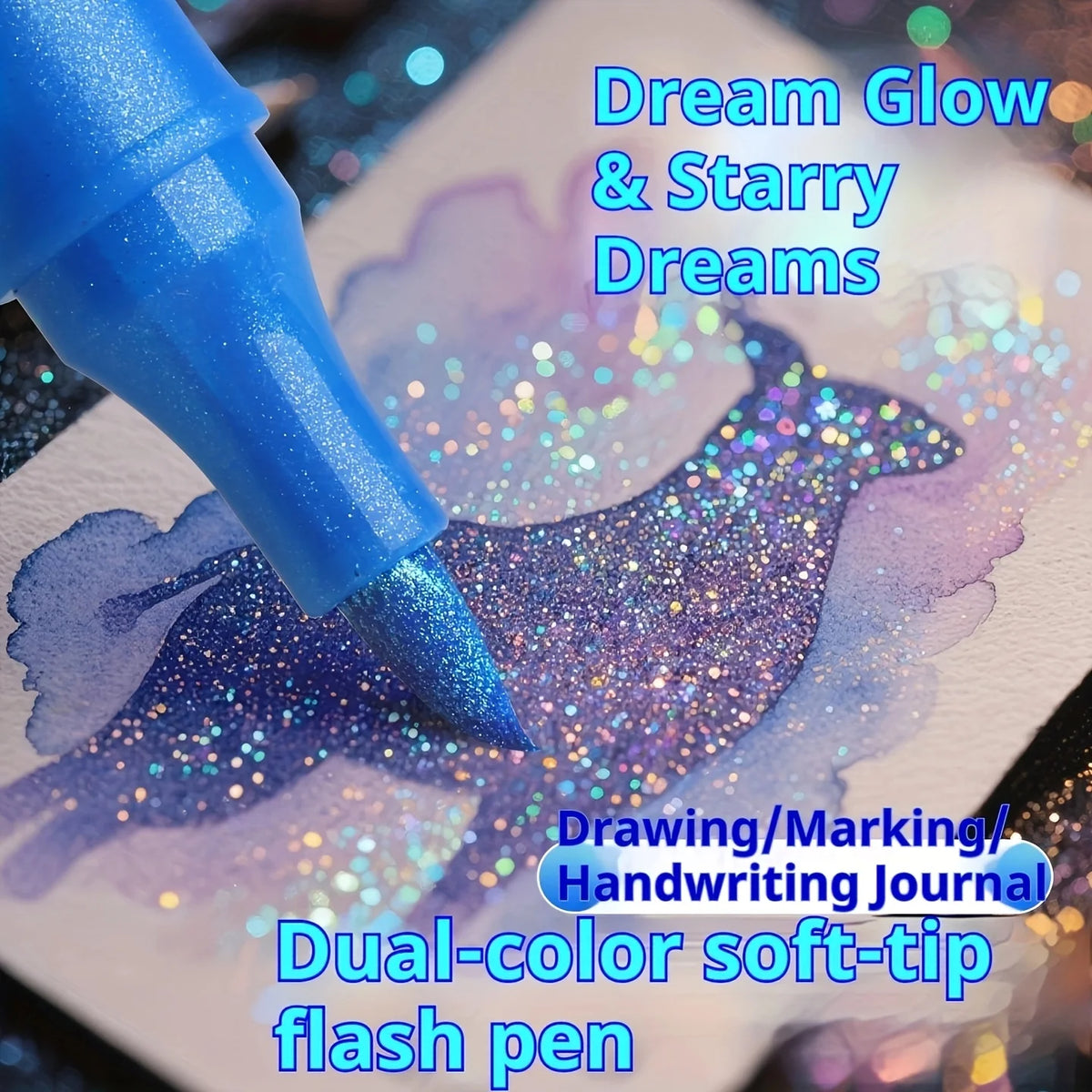 Nahaufnahme eines blauen Soft-Tip-Flash-Stifts, der eine lila glitzernde Silhouette auf Papier zeichnet.