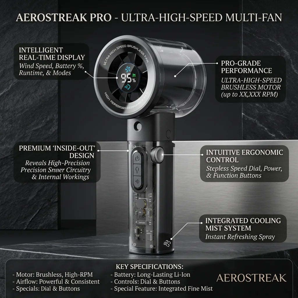 A black AeroStreak Pro multi-fan device showing its features and design details.