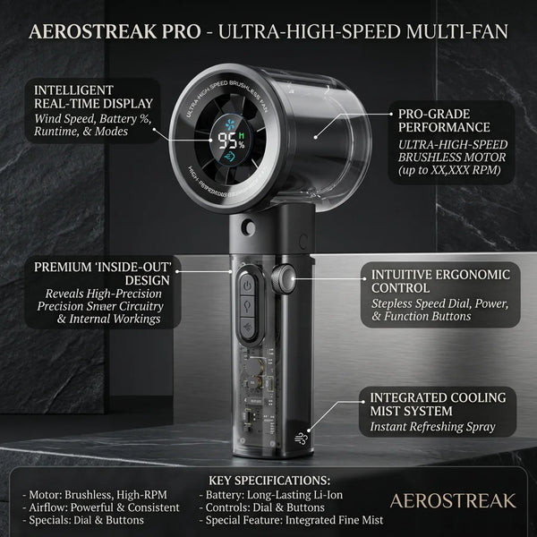 A black AeroStreak Pro multi-fan device showing its features and design details.