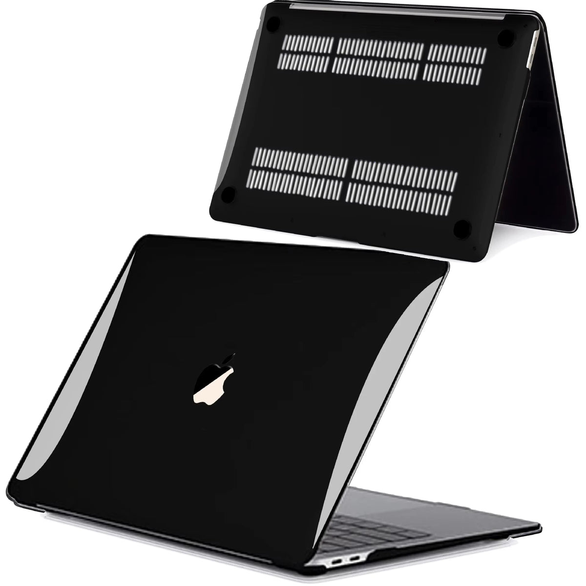 Estuche protector negro para MacBook Pro abierto, mostrando la laptop y una funda protectora separada.