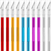 A set of eleven stainless steel precision craft knife blades and a steel ruler in various colors.
