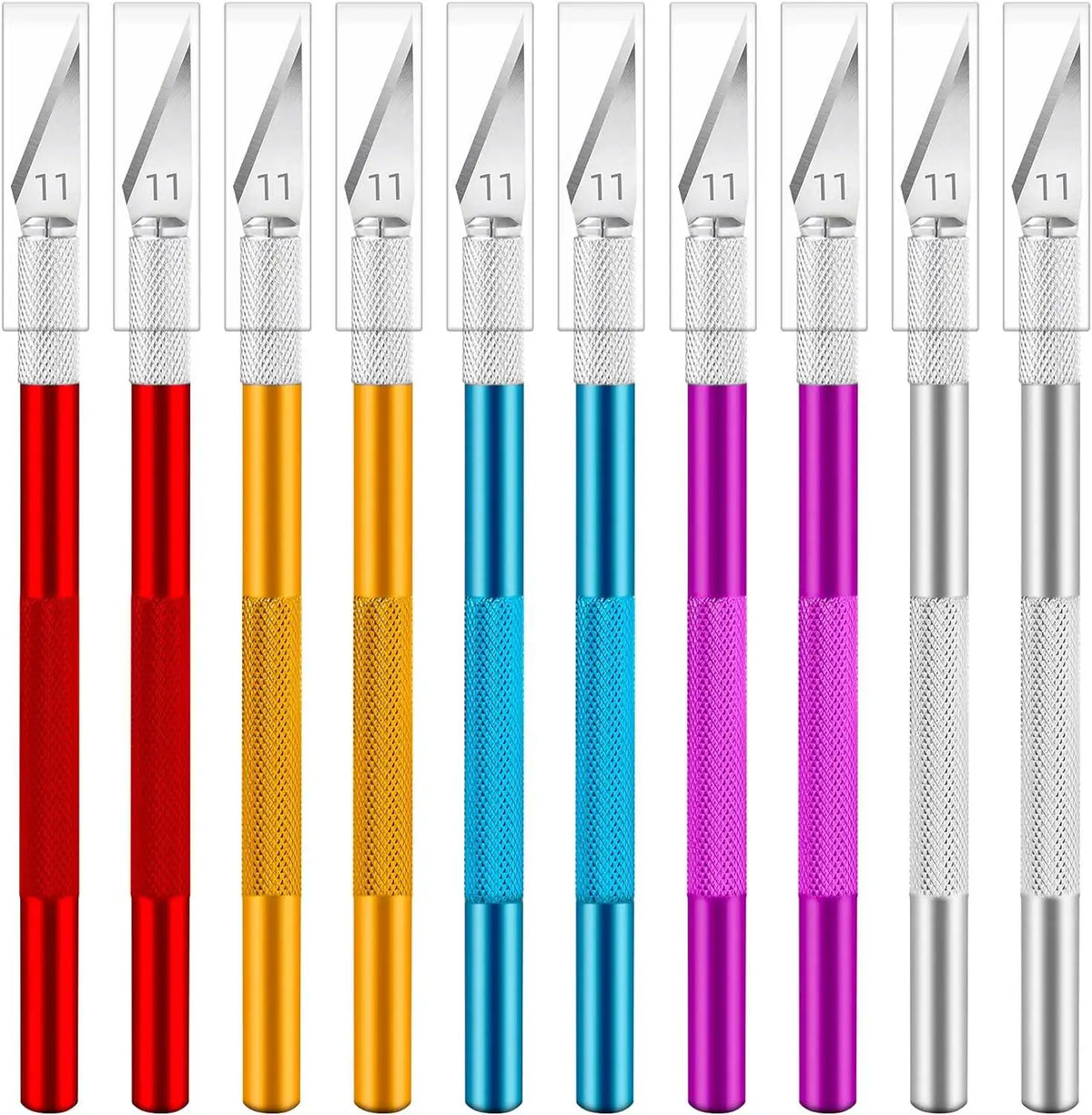 A set of eleven stainless steel precision craft knife blades and a steel ruler in various colors.