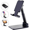 A black universal adjustable desk mount for phones and tablets, shown with various mounting options.