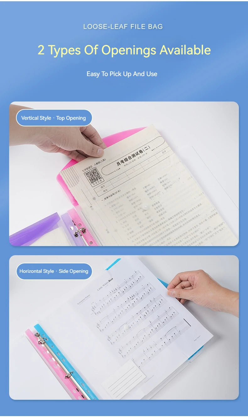 Two types of openings for a loose-leaf file bag including vertical and horizontal styles