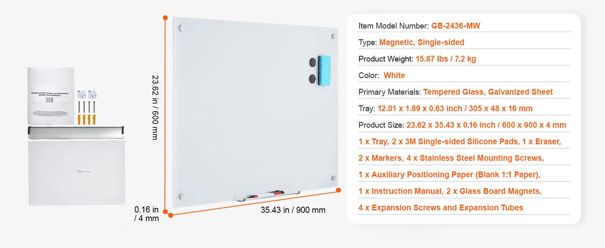 A white magnetic single-sided tempered glass whiteboard with various mounting hardware and instructions.