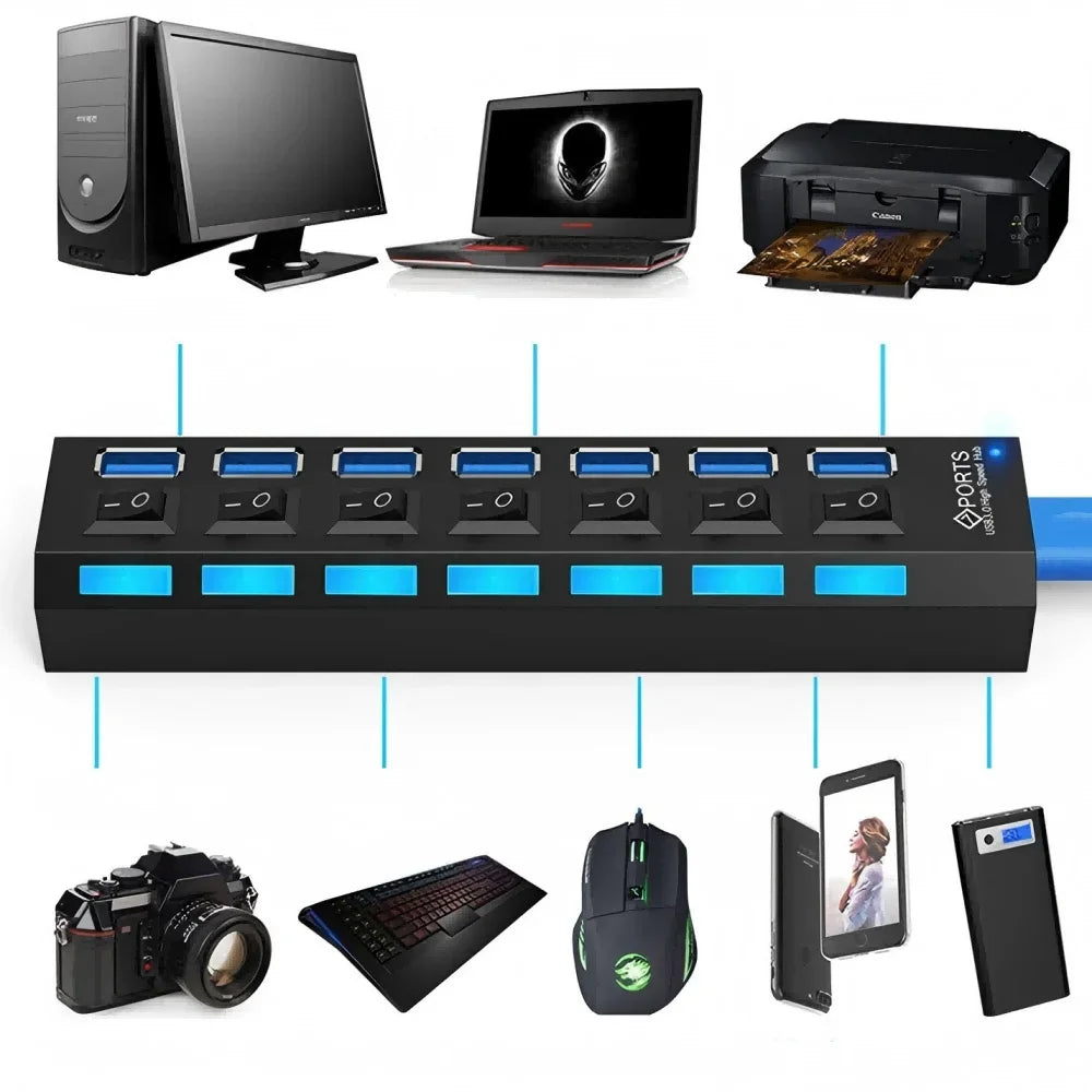 Schwarzer 7-Port-USB 2.0-Hub mit Laptop, Kamera und Zubehör
