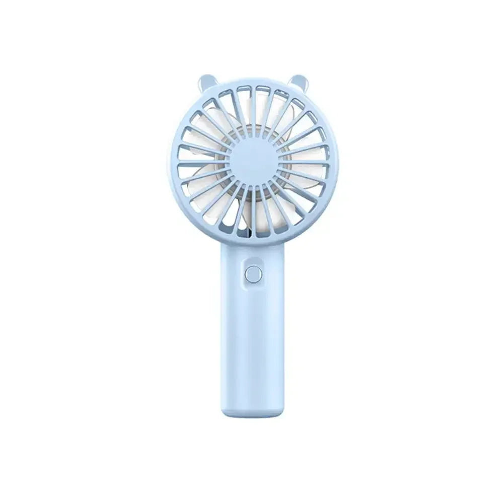 A light blue mini handheld fan with a circular grille and a cylindrical body.