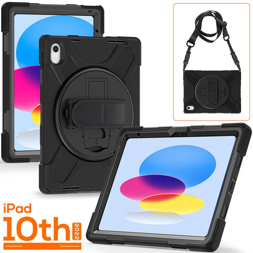 A black universal shockproof silicone case for an iPad, shown with the device and the protective cover.
