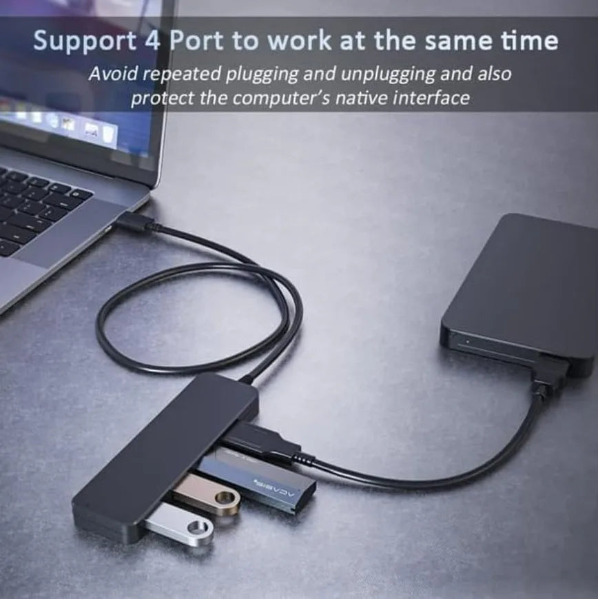 A black 4-port USB hub adapter connected to a laptop, demonstrating multiple simultaneous connections.