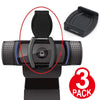 A black privacy lens cover for a webcam is shown with its detached lid and a three-pack label.