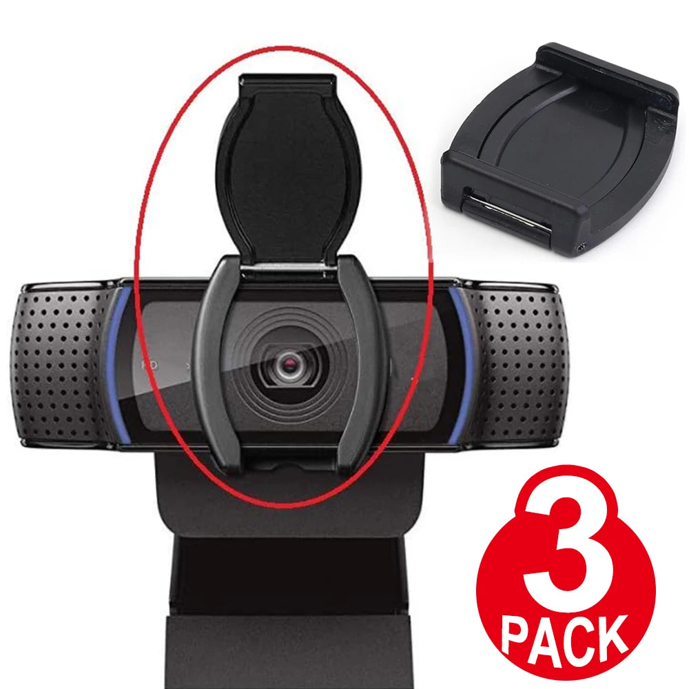 A black privacy lens cover for a webcam is shown with its detached lid and a three-pack label.