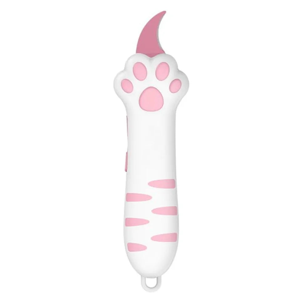 A white cat paw-shaped box cutter with a pink handle and titanium steel blade.