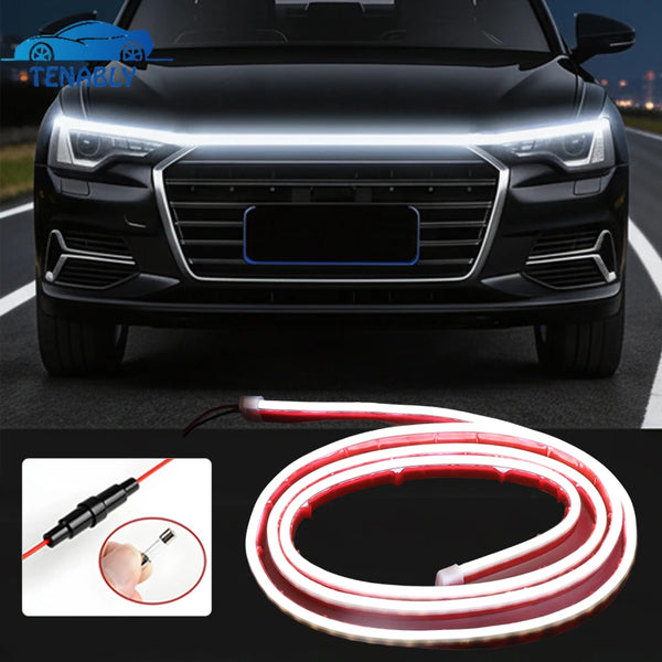 A flexible red and white LED light strip for vehicle hood scanning.