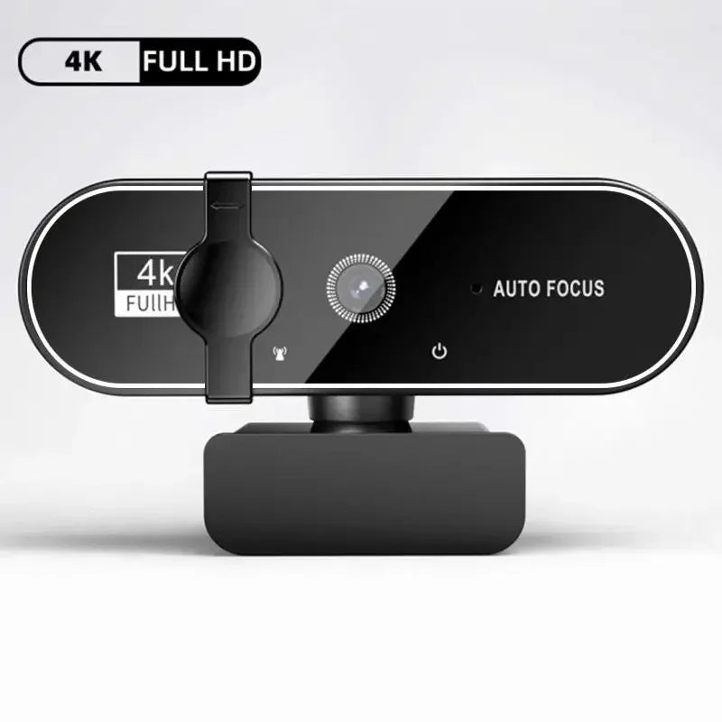 A black 4K Full HD webcam with an auto focus feature and integrated microphone.