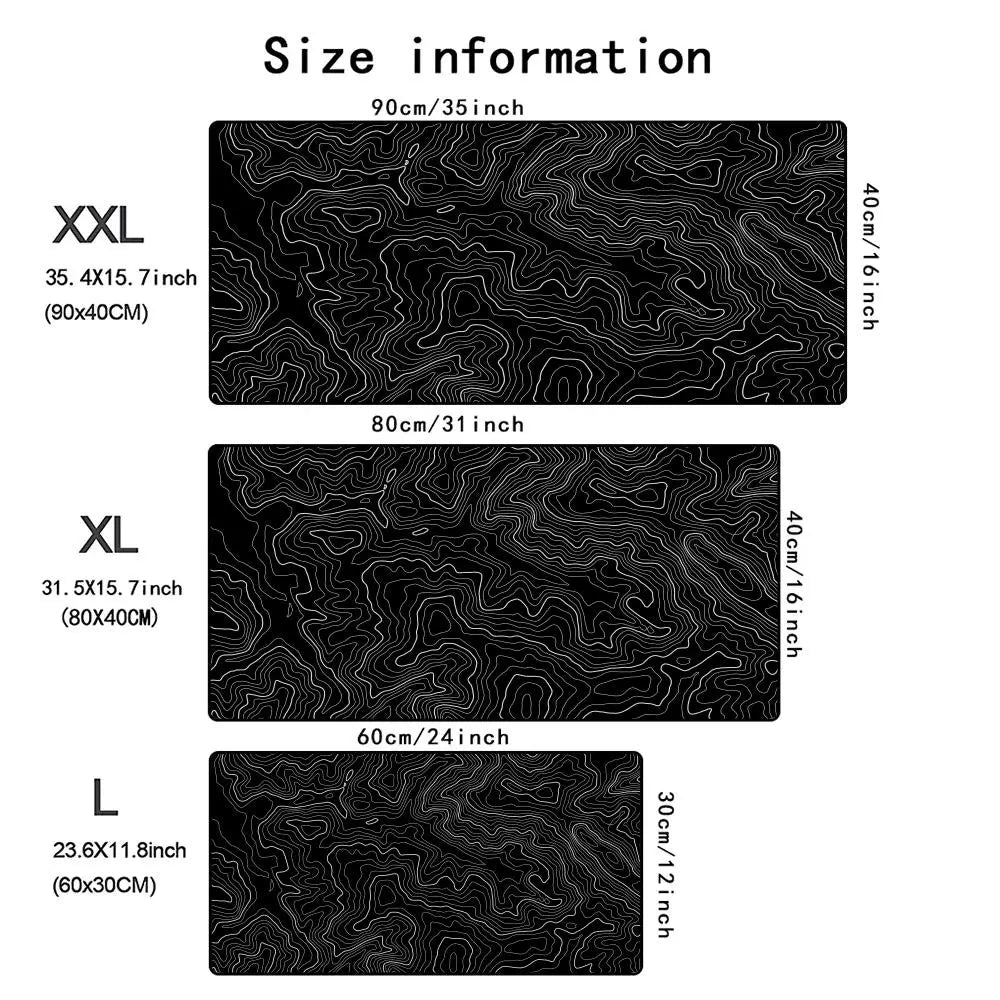 A comparison chart showing the size information for XXL, XL, and L gaming mouse pads in centimeters and inches.