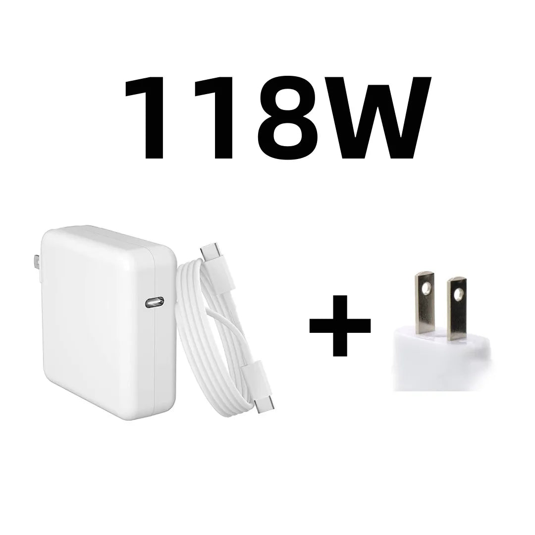 محول طاقة عالمي أبيض USB-C مع كابل ومقبس، مكتوب بجانبه 118 واط
