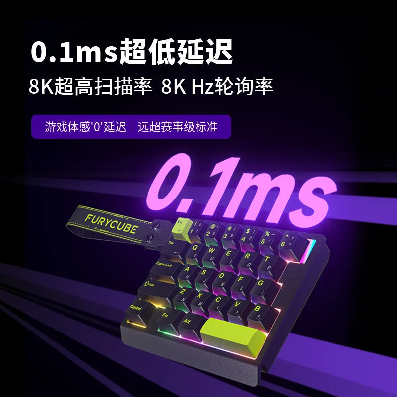 A close-up shot of a black mechanical keyboard with purple and green accents, featuring a FuryCube magnetic switch design.