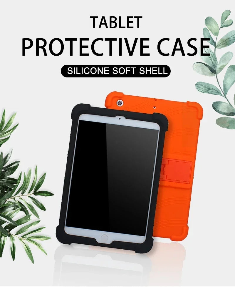 Funda protectora de silicona naranja con soporte para tableta negra.
