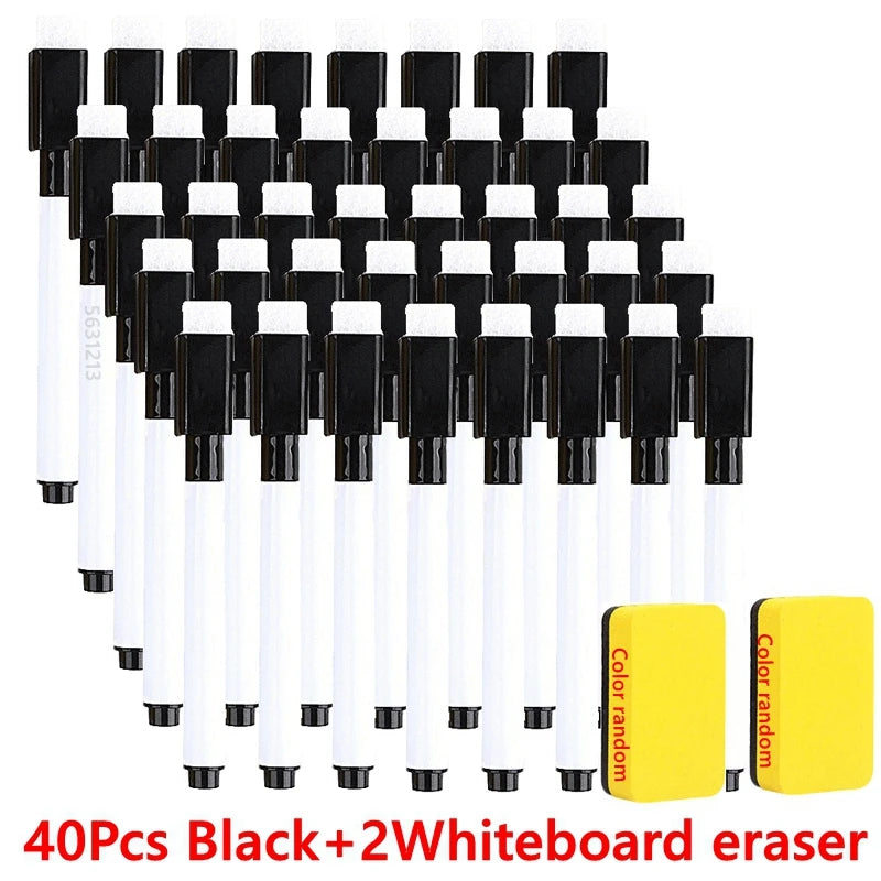 40 pieces black and 2 white whiteboard erasers arranged in a grid