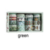 A box containing a set of oil painting themed decorative washi tape rolls in various greens and earth tones.