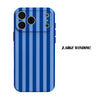 A phone case for an iPhone featuring a blue and white vertical stripe pattern.