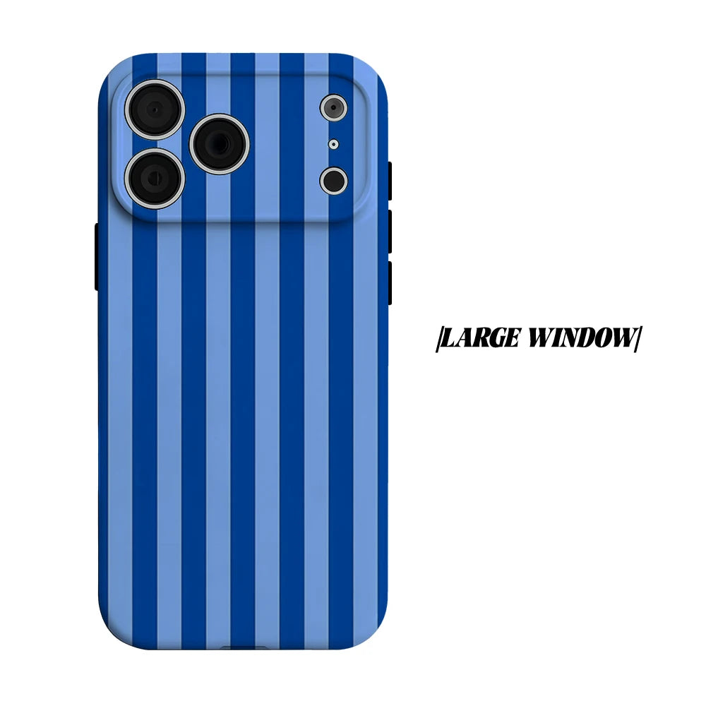 A phone case for an iPhone featuring a blue and white vertical stripe pattern.