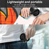 A hand is holding a black handheld cooling fan, demonstrating its lightweight and portable design.