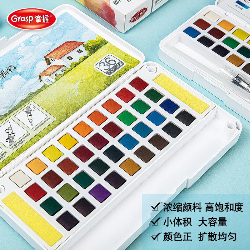 A white watercolor paint set featuring 36 colored paints and a water brush pen, displayed in an open case.